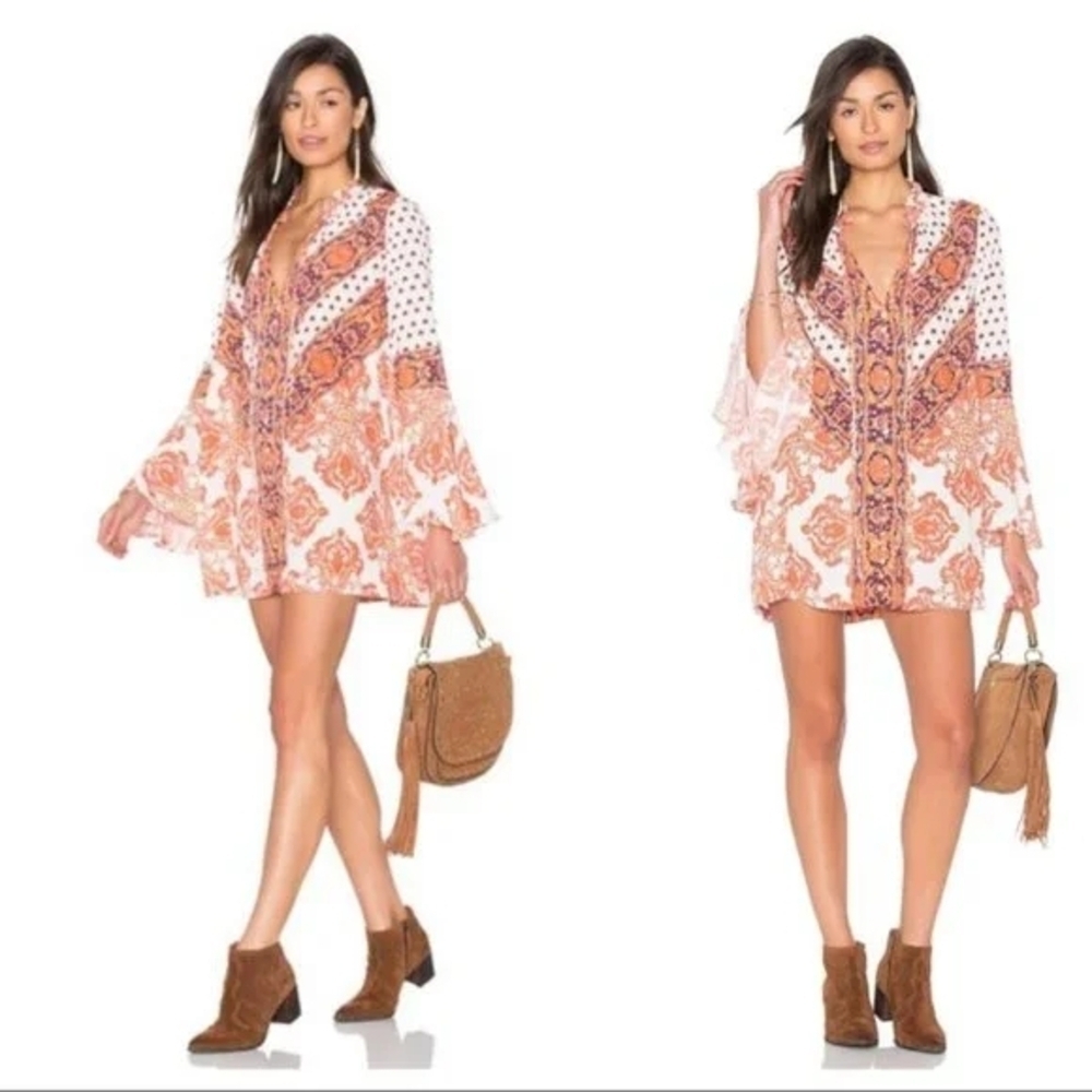 ✨️FREE PEOPLE✨️Flowy Magic Mystery Tunic Mini Dress Size Medium in Orange - Picture 5 of 13